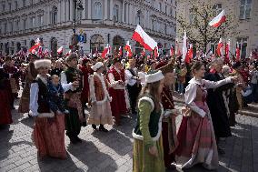 Poles Danced The Polish National Dance Polonaise On Krakowskie Przedmieście In Warsaw, Poland, On April 12, 2025