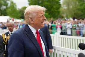 President Trump Speaks With The Press Following The White House Easter Egg Roll On April 21, 2025
