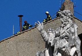 Firefighters Install Chimney On The Sistine Chapel For Papal Election - Vatican