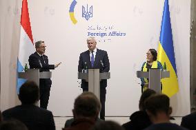 Press conference of Andrii Sybiha, Xavier Bettel and Yuriko Backes in Kyiv