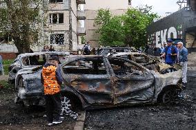 Shopping center, supermarket and residential building damaged by shelling in Kyiv