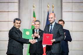 Macron And Berdimuhamedow Attend Agreement Ceremony At Elysee - Paris