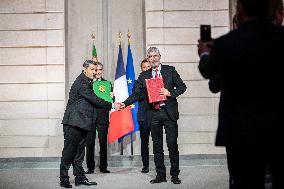Macron And Berdimuhamedow Attend Agreement Ceremony At Elysee - Paris