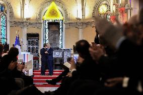 President Macron Delivers A Speech At The Grande Loge Of France - Paris