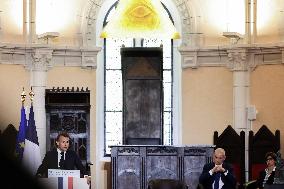 President Macron Delivers A Speech At The Grande Loge Of France - Paris