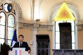President Macron Delivers A Speech At The Grande Loge Of France - Paris