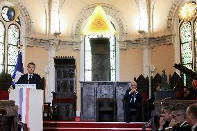 President Macron Delivers A Speech At The Grande Loge Of France - Paris