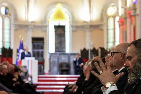 President Macron Delivers A Speech At The Grande Loge Of France - Paris