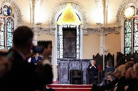 President Macron Delivers A Speech At The Grande Loge Of France - Paris
