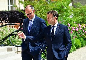 Macron and Merz Discuss in Elysee Garden - Paris