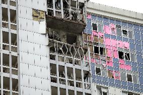 Aftermath of Russian drone attack in Dniprovskyi district of Kyiv
