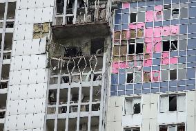 Aftermath of Russian drone attack in Dniprovskyi district of Kyiv