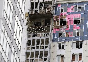 Aftermath of Russian drone attack in Dniprovskyi district of Kyiv