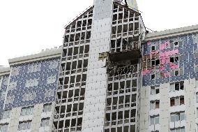 Aftermath of Russian drone attack in Dniprovskyi district of Kyiv