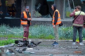 Russian drone wreckage damages apartment block in Shevchenkivskyi district of Kyiv