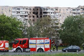 Wreckage of Russian drone damages residential block in Kyiv