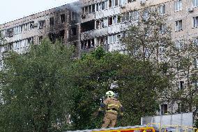 Wreckage of Russian drone damages residential block in Kyiv