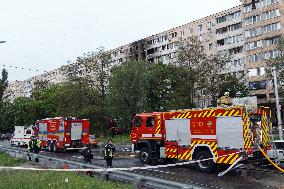 Wreckage of Russian drone damages residential block in Kyiv