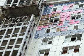 Aftermath of Russian drone attack in Dniprovskyi district of Kyiv