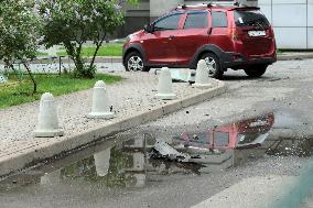 Aftermath of Russian drone attack in Dniprovskyi district of Kyiv