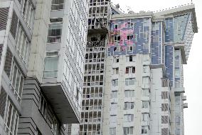 Aftermath of Russian drone attack in Dniprovskyi district of Kyiv
