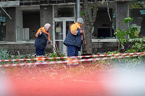 Aftermath of Russian drone wreckage falling in Shevchenkivskyi district of Kyiv