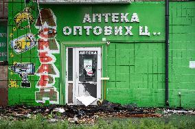 Aftermath of Russian drone wreckage falling in Shevchenkivskyi district of Kyiv