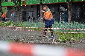 Aftermath of Russian drone wreckage falling in Shevchenkivskyi district of Kyiv
