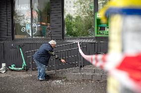 Aftermath of Russian drone wreckage falling in Shevchenkivskyi district of Kyiv