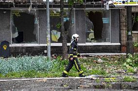 Aftermath of Russian drone wreckage falling in Shevchenkivskyi district of Kyiv
