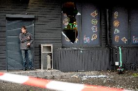 Aftermath of Russian drone wreckage falling in Shevchenkivskyi district of Kyiv