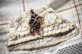 Collection of old Bulgarian towels, clothes and jewelry in Krynychne village