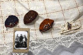 Collection of old Bulgarian towels, clothes and jewelry in Krynychne village