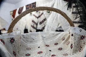Collection of old Bulgarian towels, clothes and jewelry in Krynychne village