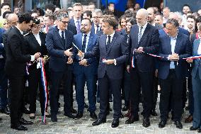 President Macron Visits EssilorLuxottica Laboratory - Wissous