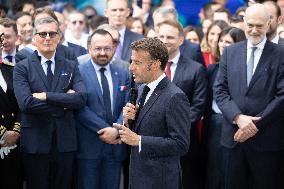President Macron Visits EssilorLuxottica Laboratory - Wissous