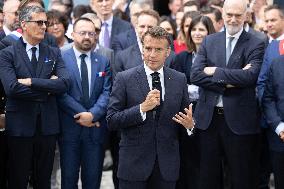 President Macron Visits EssilorLuxottica Laboratory - Wissous