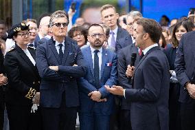President Macron Visits EssilorLuxottica Laboratory - Wissous