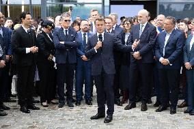 President Macron Visits EssilorLuxottica Laboratory - Wissous