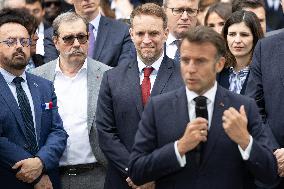 President Macron Visits EssilorLuxottica Laboratory - Wissous