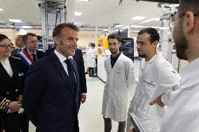 President Macron Visits EssilorLuxottica Laboratory - Wissous