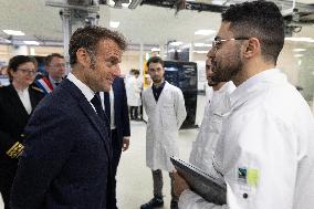 President Macron Visits EssilorLuxottica Laboratory - Wissous