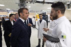 President Macron Visits EssilorLuxottica Laboratory - Wissous