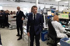 President Macron Visits EssilorLuxottica Laboratory - Wissous