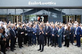 President Macron Visits EssilorLuxottica Laboratory - Wissous