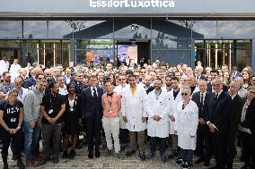 President Macron Visits EssilorLuxottica Laboratory - Wissous