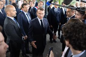 President Macron Visits EssilorLuxottica Laboratory - Wissous