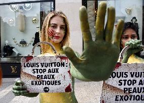 PETA Protests Exotic Skins Outside Vuitton in Paris