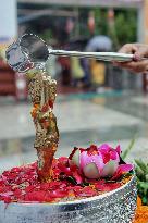 Devotees Pray at Buddha Temple - India