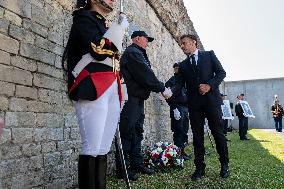 Macron at A Ceremony to Pay Tribute to The Two Dead Prison Officers - Caen